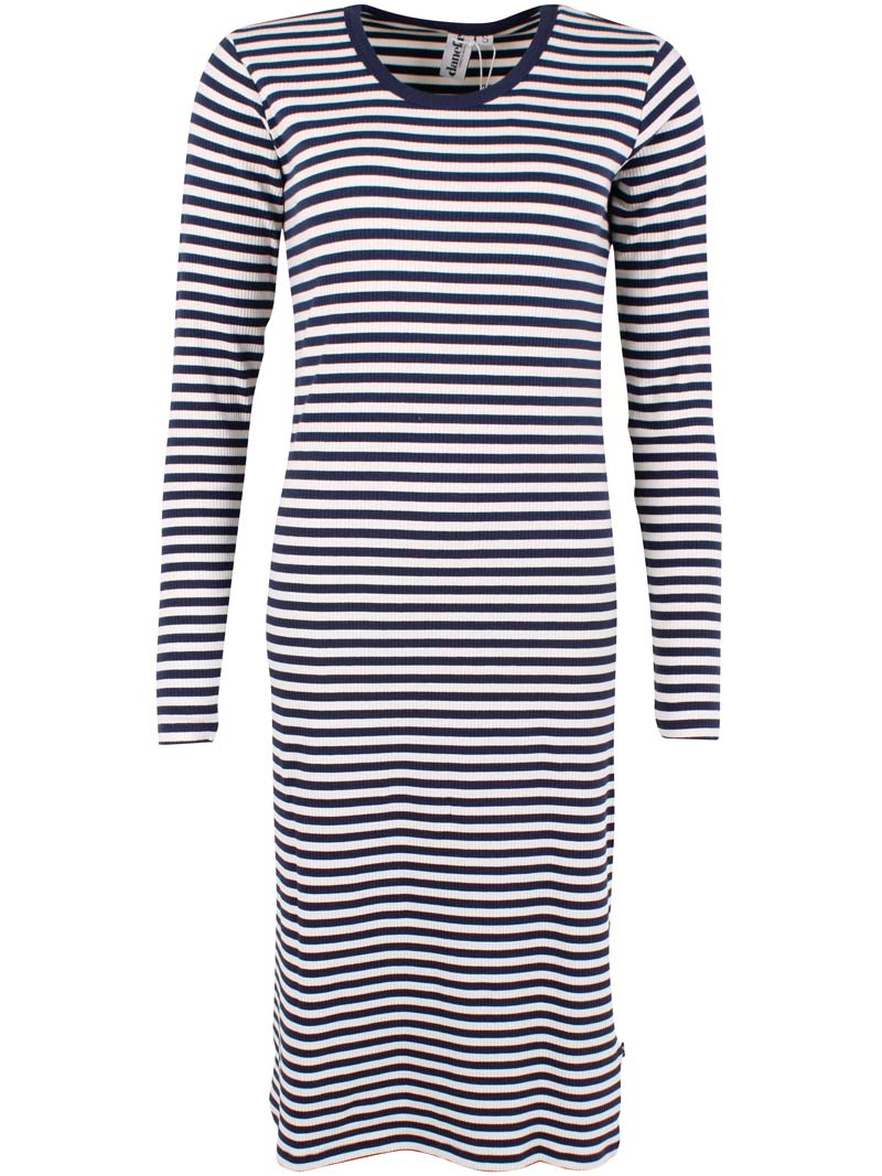 Elegant ribstrikket kjole med navyblå og hvide striber til kvinder