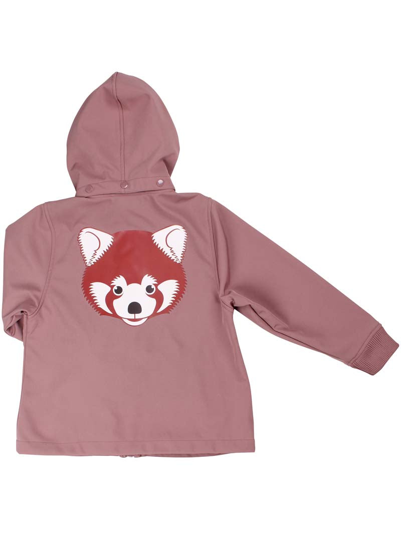 Fin softshell jakke til børn med print af en rød panda på ryggen