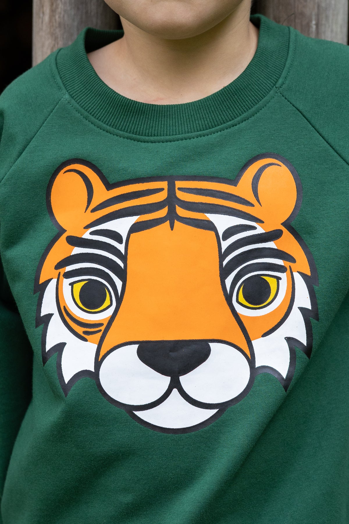 Skøn grøn sweatshirt til børn med print af tiger