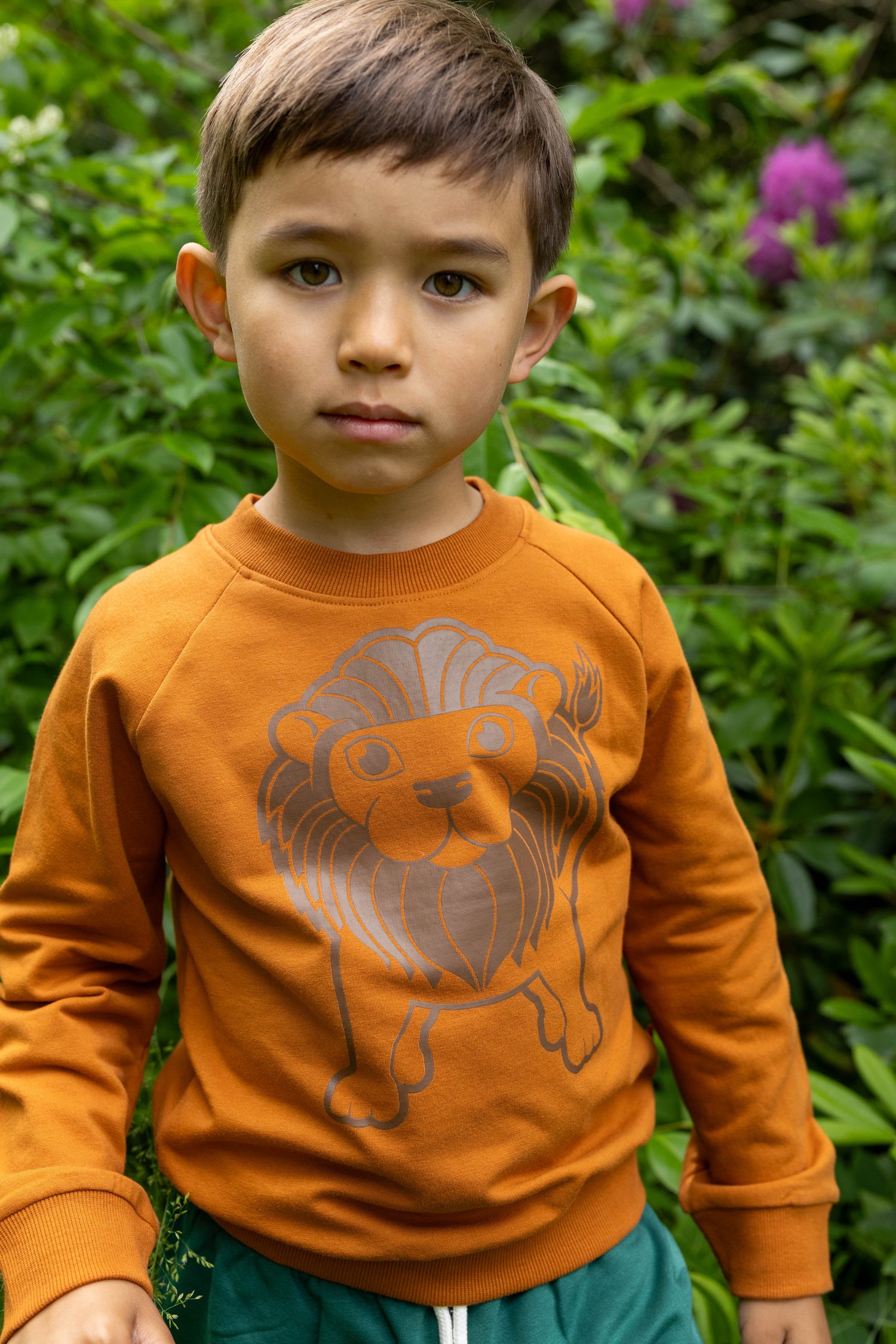 Skøn gulbrun sweatshirt til børn med print af stor løve
