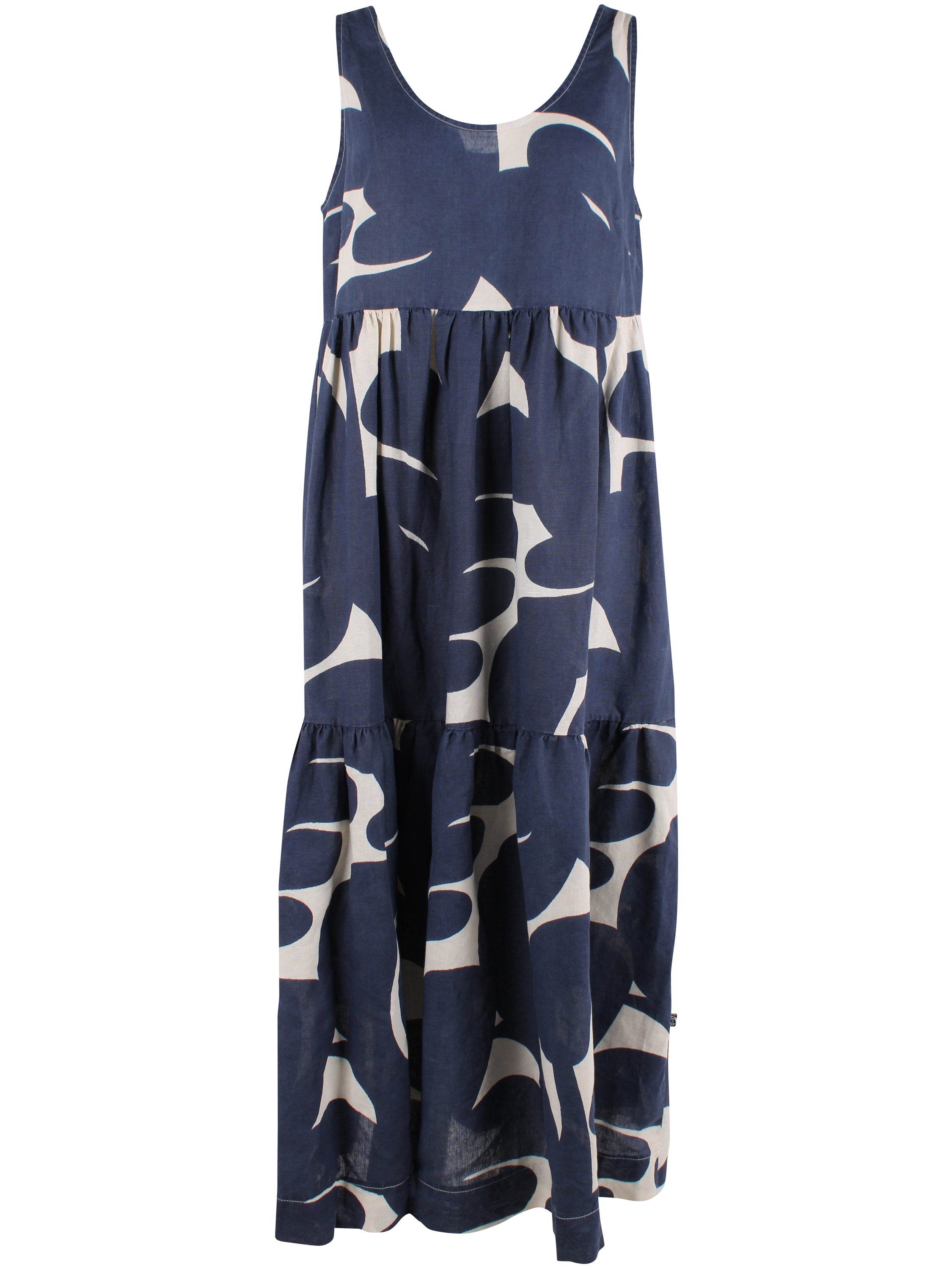 Flot og luftig kjole i mørkeblåt og hvidt bladmønster