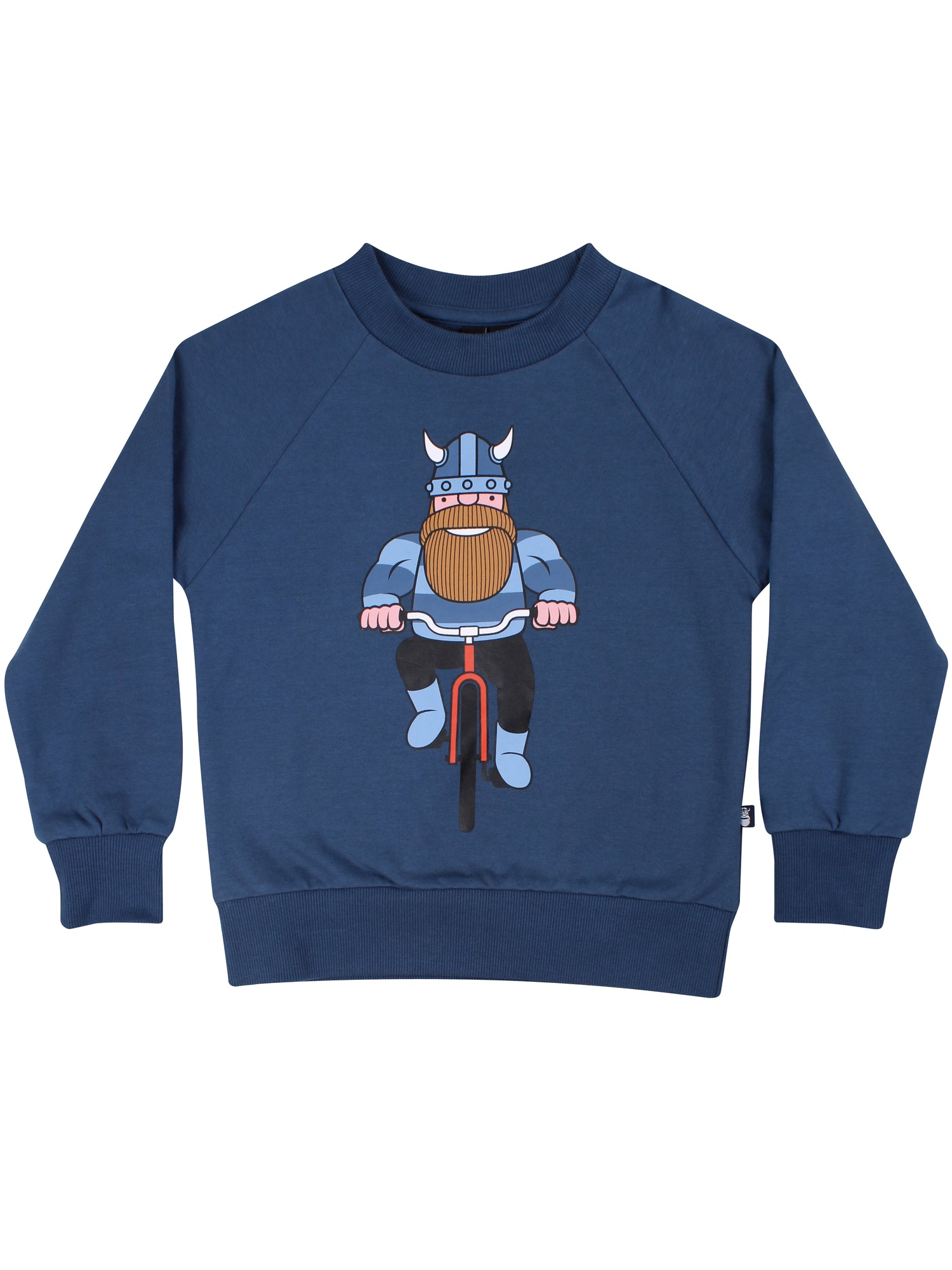 Sød gråblå sweatshirt til børn med print af viking på cykel