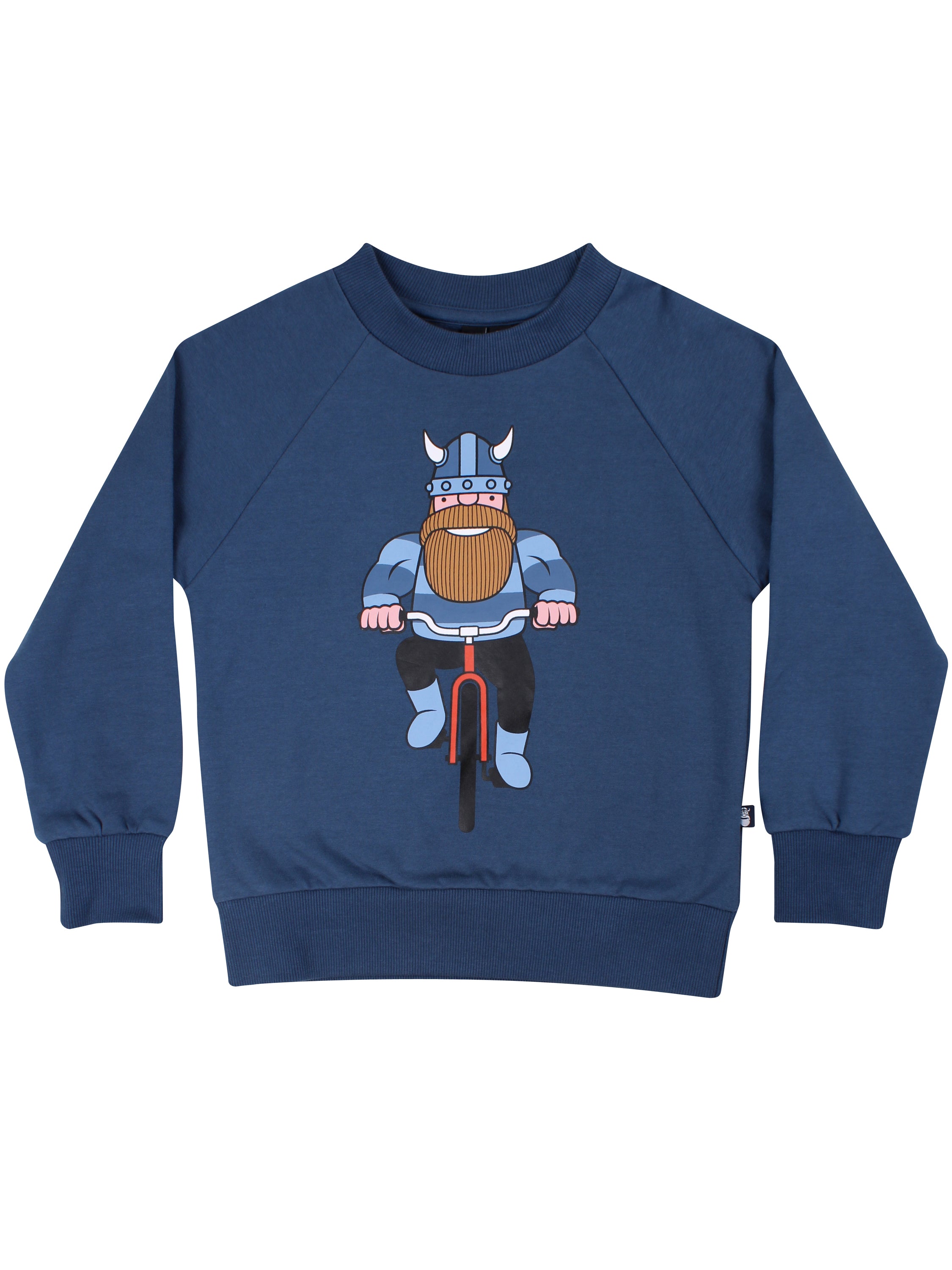 Sød gråblå sweatshirt til børn med print af viking på cykel