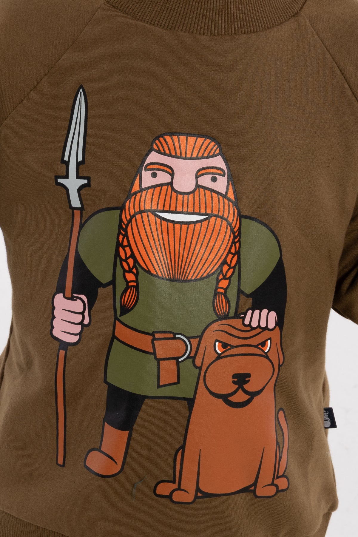 Sød olivengrøn sweatshirt til børn med print af viking og hund
