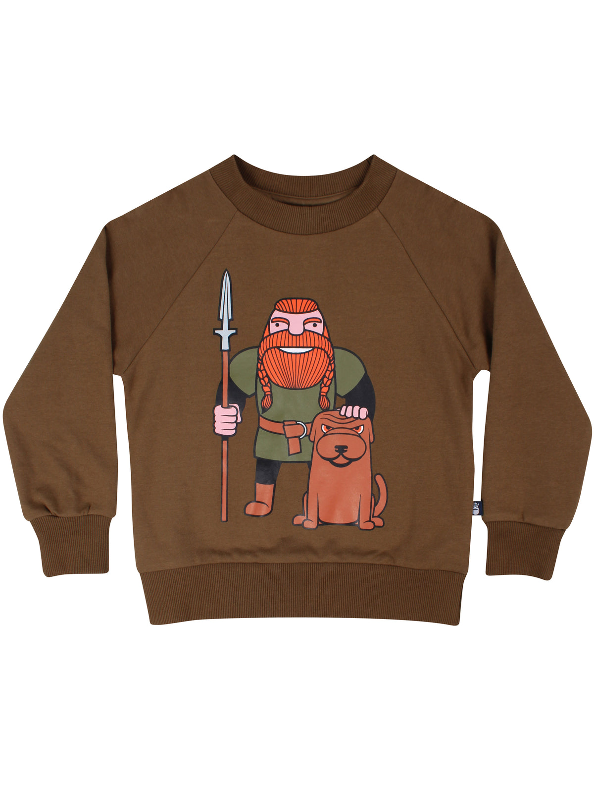Sød olivengrøn sweatshirt til børn med print af viking og hund