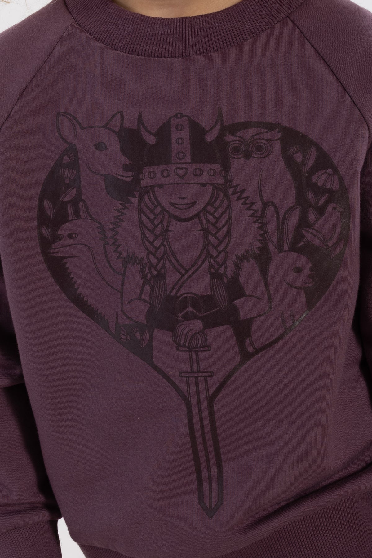 Sød grålilla sweatshirt til børn med print af vikingen Freja