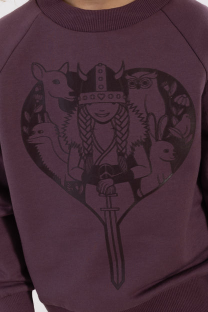 Sød grålilla sweatshirt til børn med print af vikingen Freja