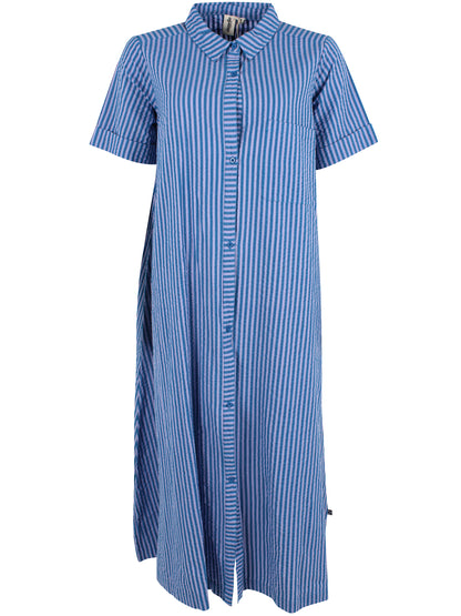 Skøn bæk og bølge skjortekjole med blå og lilla striber til kvinder