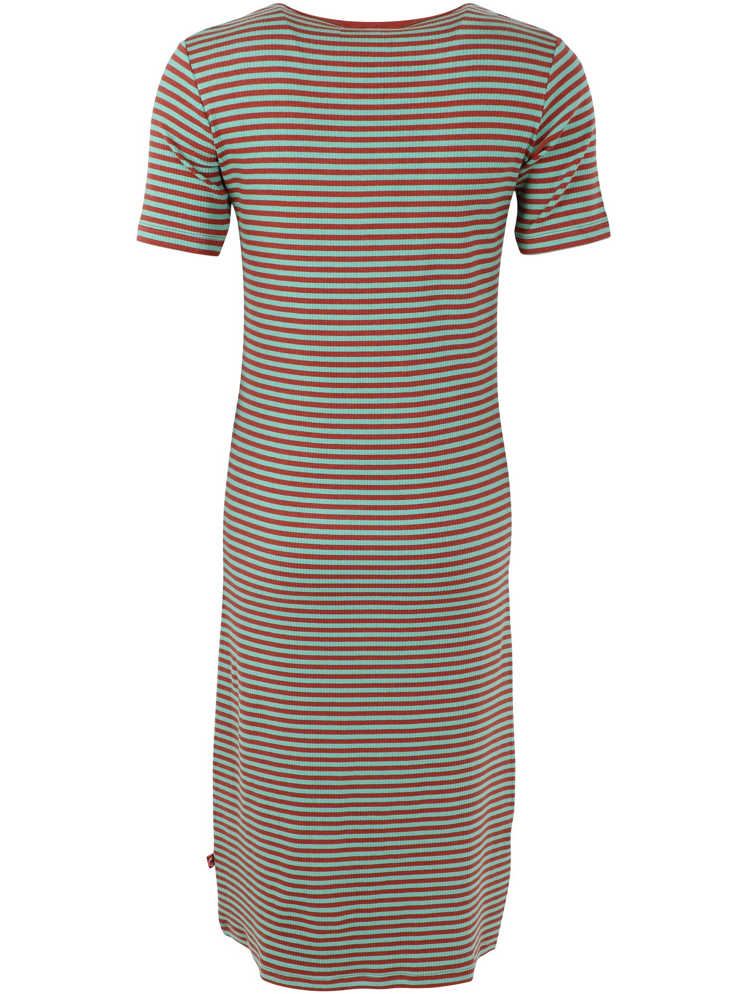Fin kjole i bomuld og viskose med striber i brændt rød og mintgrøn til kvinder