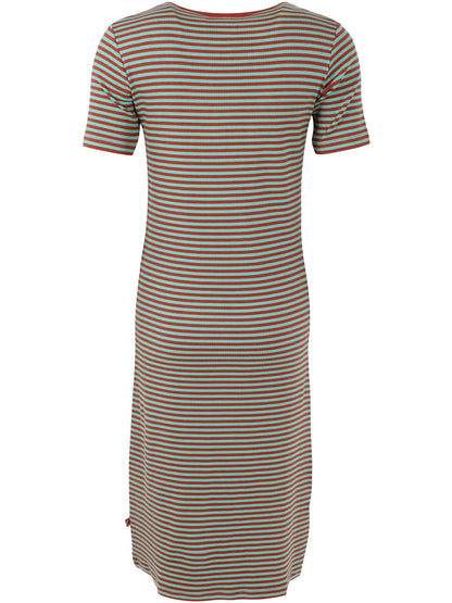 Fin kjole i bomuld og viskose med striber i brændt rød og mintgrøn til kvinder