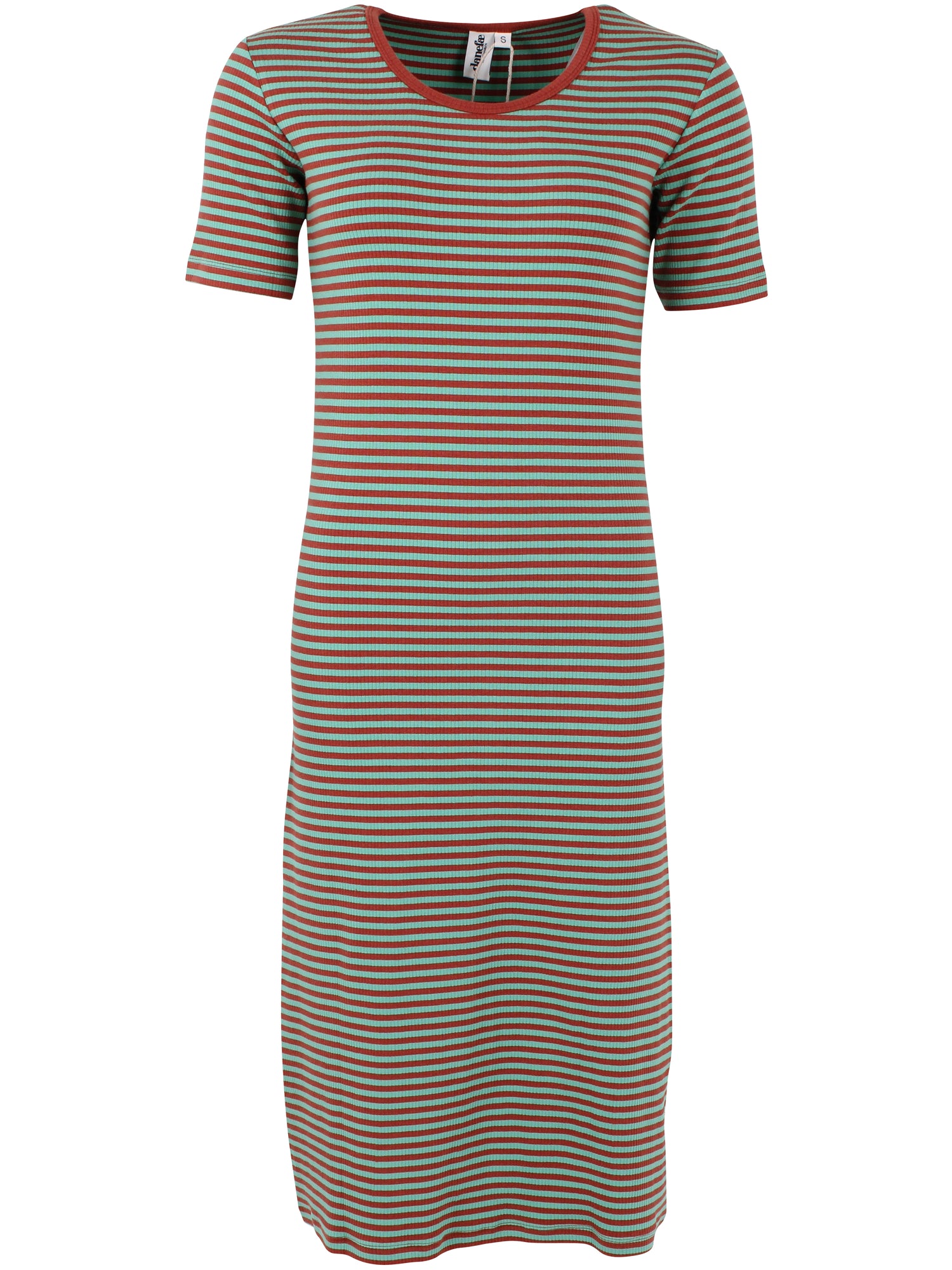 Fin kjole i bomuld og viskose med striber i brændt rød og mint til kvinder