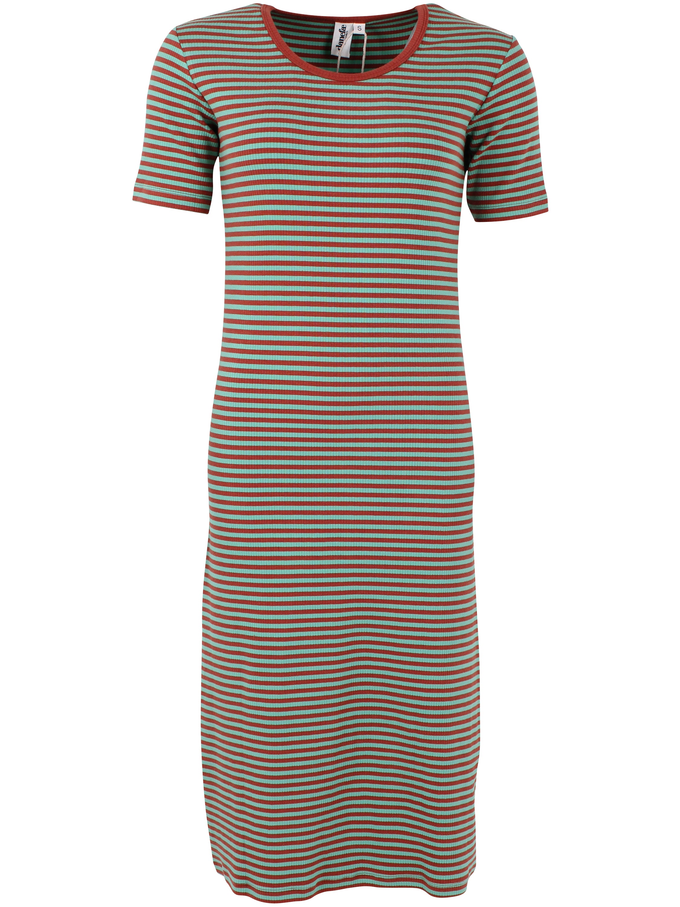 Fin kjole i bomuld og viskose med striber i brændt rød og mint til kvinder