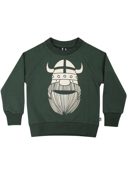 Sød mørkegrøn sweatshirt til børn med print af viking