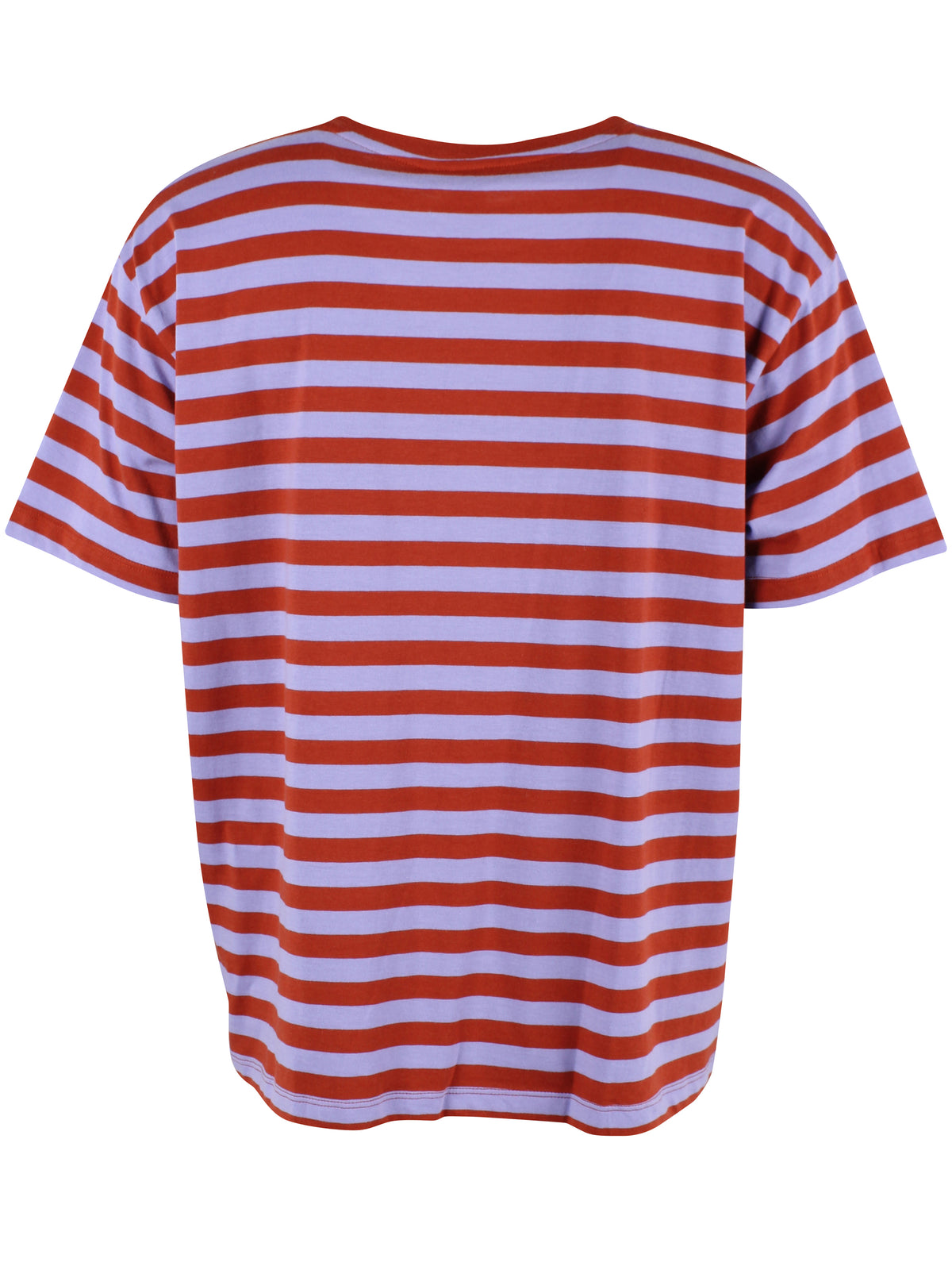 Fin boxy t-shirt med rund hals og striber i lyslilla og brændt rød til kvinder