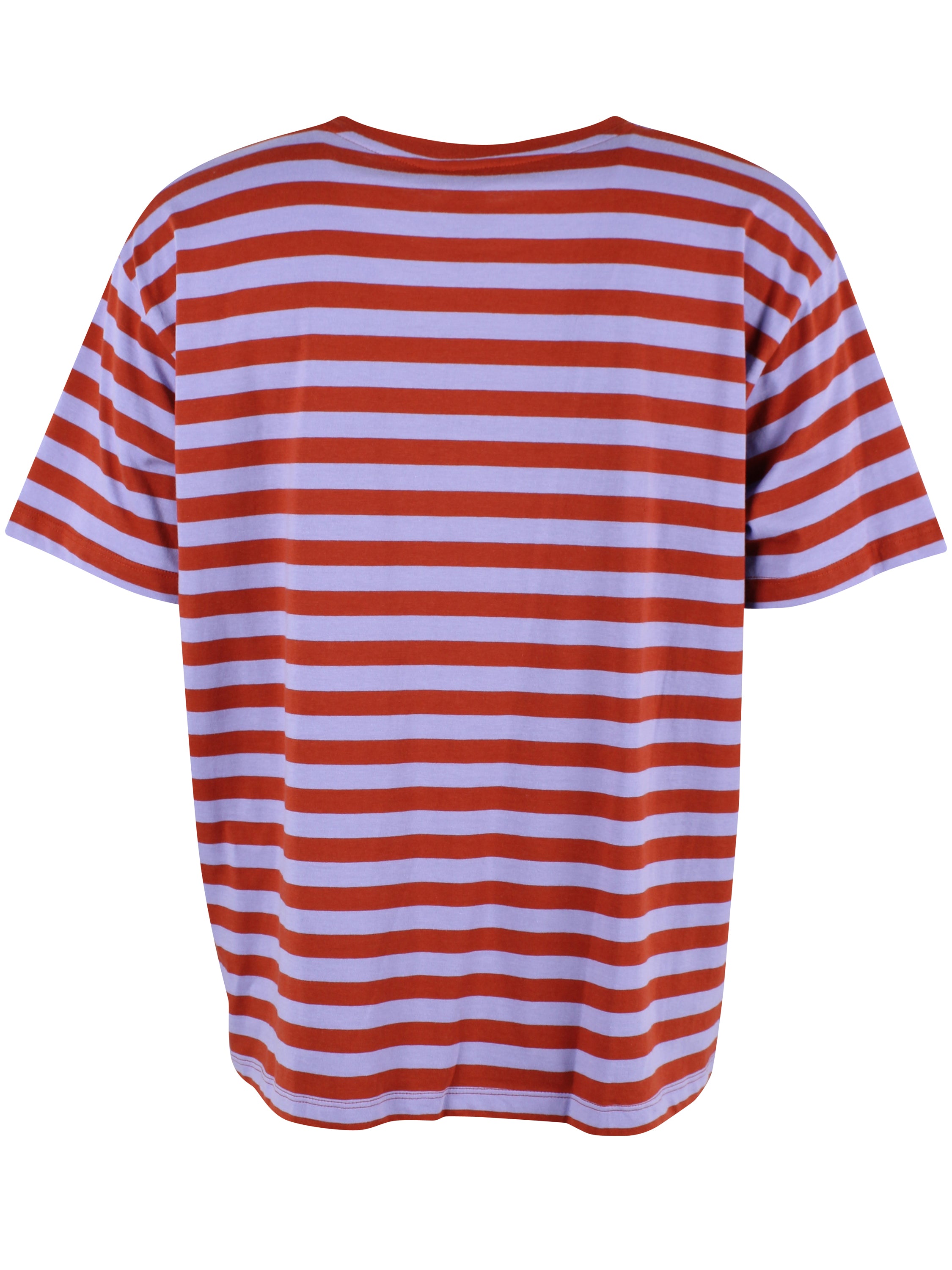 Fin boxy t-shirt med rund hals og striber i lyslilla og brændt rød til kvinder