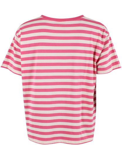 Fin boxy t-shirt med rund hals og striber i beige og pink til kvinder