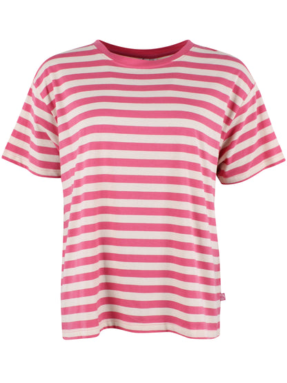 Fin boxy t-shirt med rund hals og striber i beige og pink til kvinder