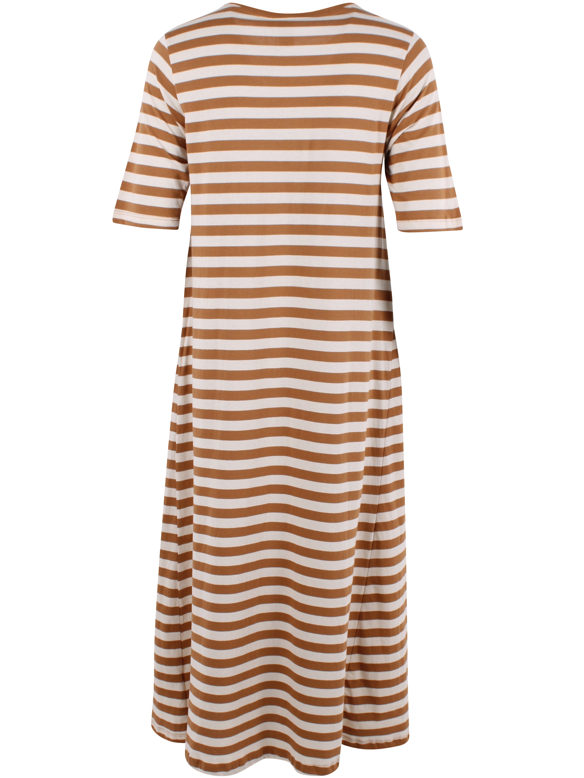Klassisk kjole med t-shirt ærmer og striber i beige og mokka til kvinder