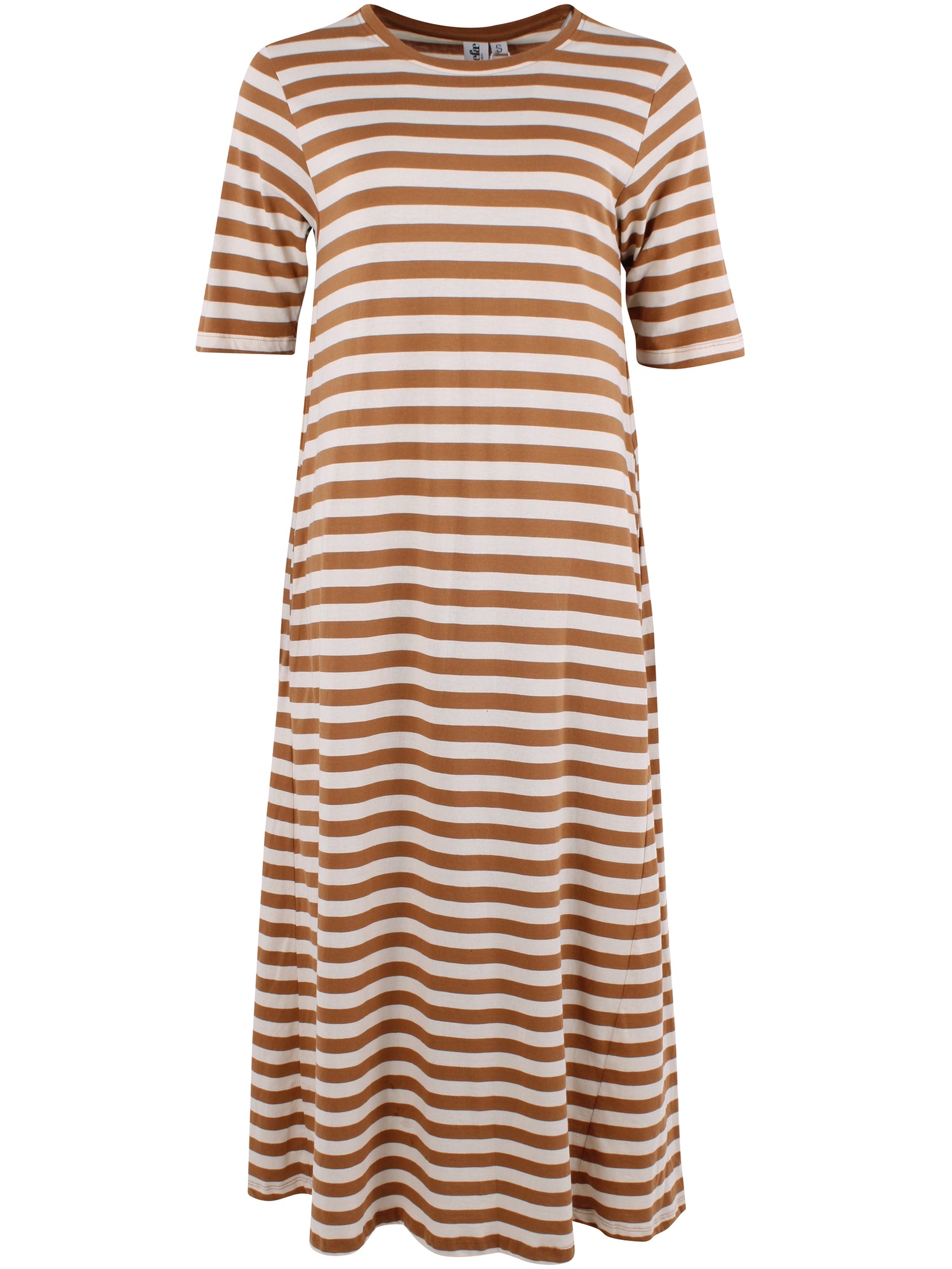 Klassisk kjole med t-shirt ærmer og striber i beige og mokka til kvinder