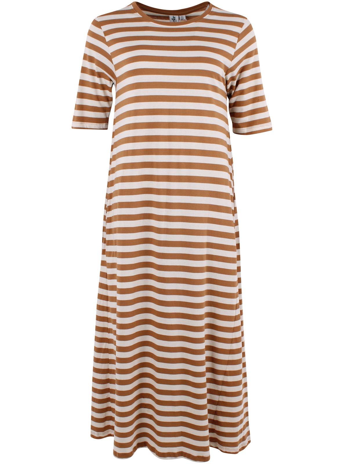 Klassisk kjole med t-shirt ærmer og striber i beige og mokka til kvinder