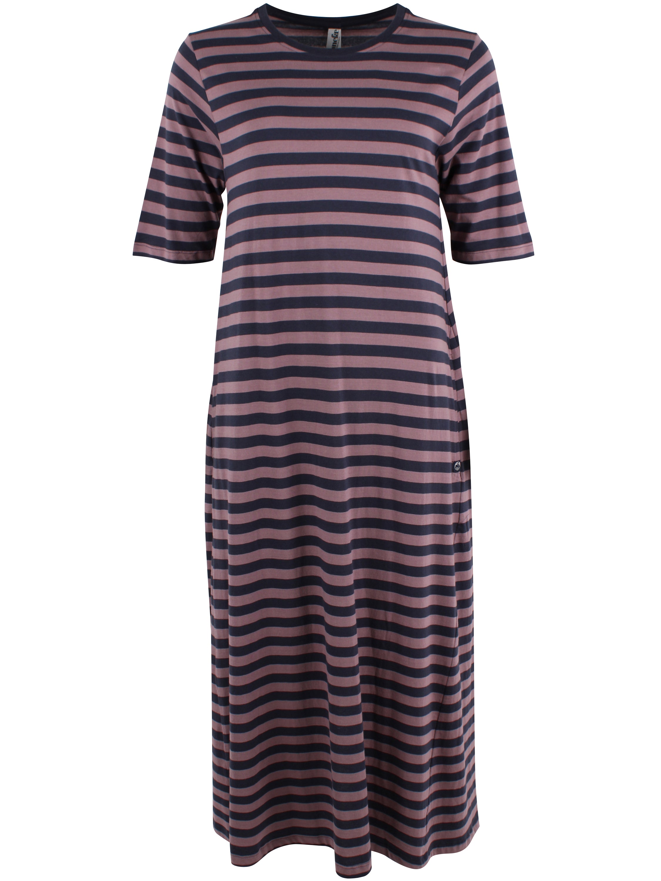 Klassisk kjole med t-shirt ærmer og striber i navyblå og grålilla til kvinder