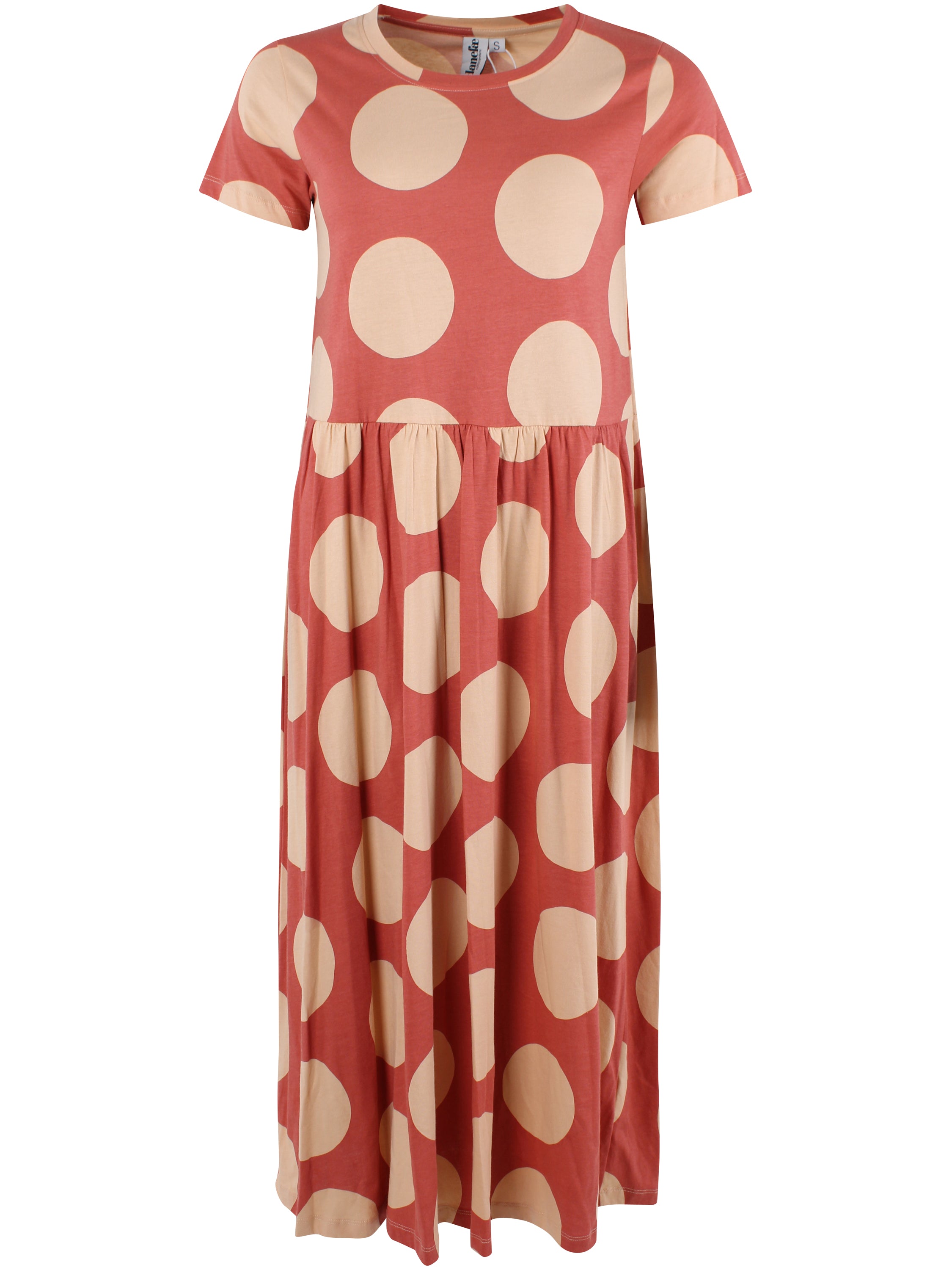 Fin kjole med korte ærmer, skørt med vidde og print af store prikker til kvinder