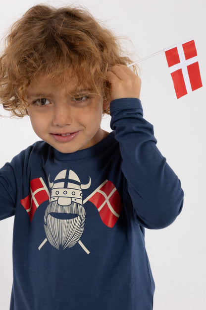 Langærmet bluse i bomuld til børn med print af viking og flag