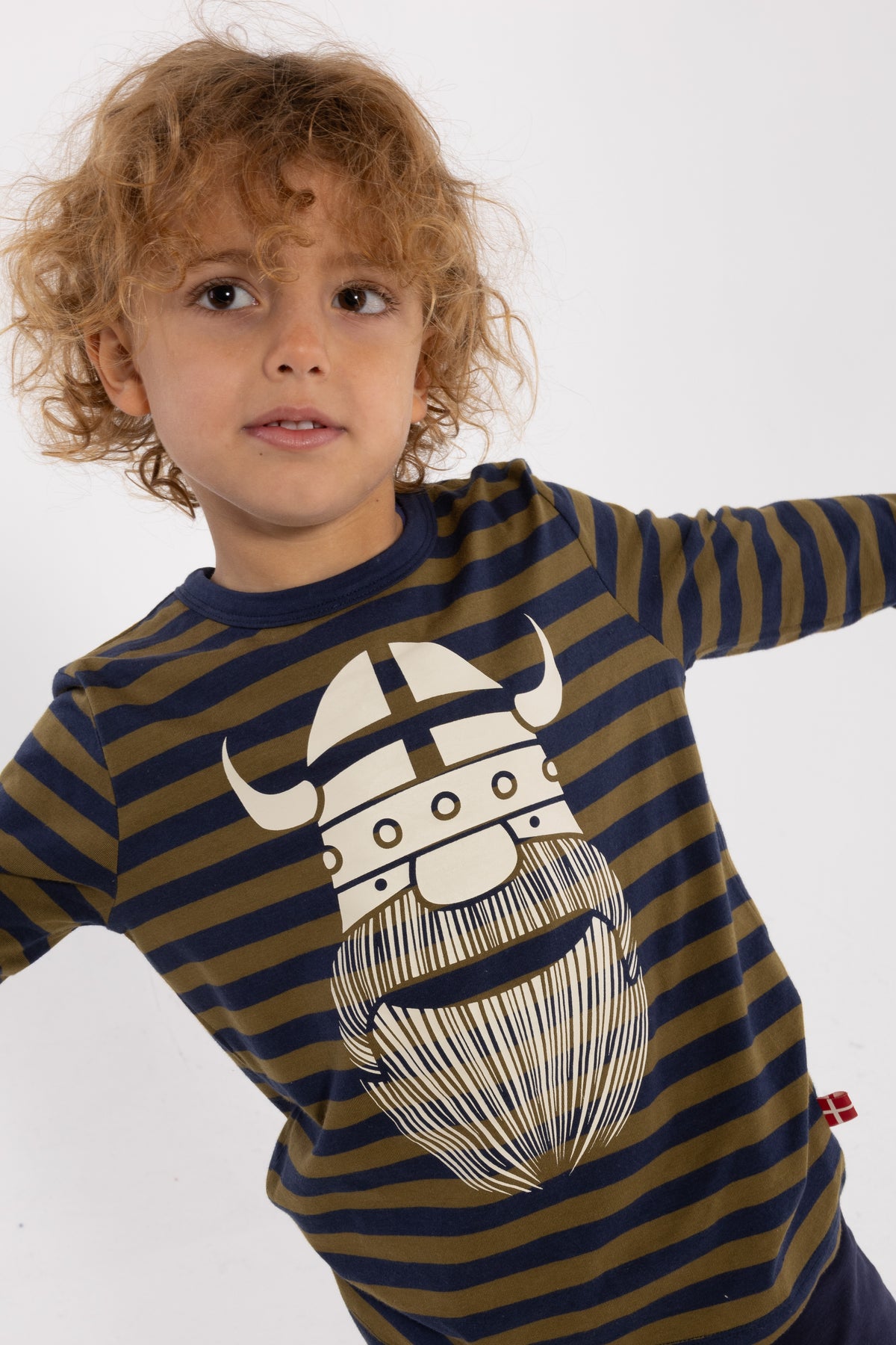 Stribet bluse til børn i bomuld med lange ærmer og print af vikingen Erik