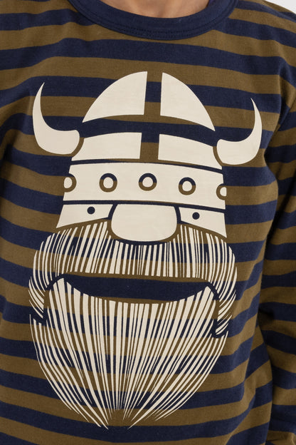 Stribet bluse til børn i bomuld med lange ærmer og print af vikingen Erik