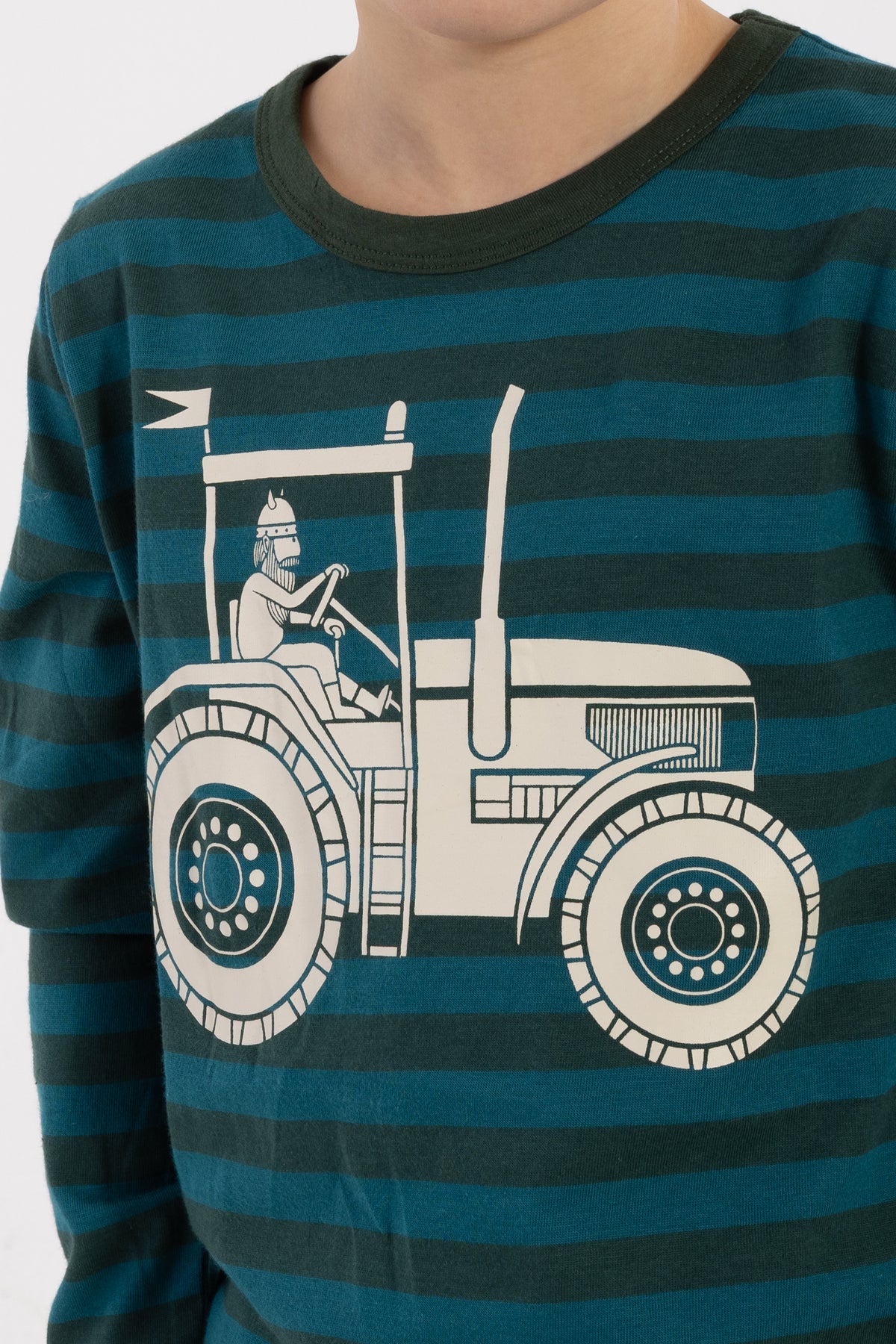 Stribet bluse i bomuld til børn med lange ærmer og print af viking på traktor