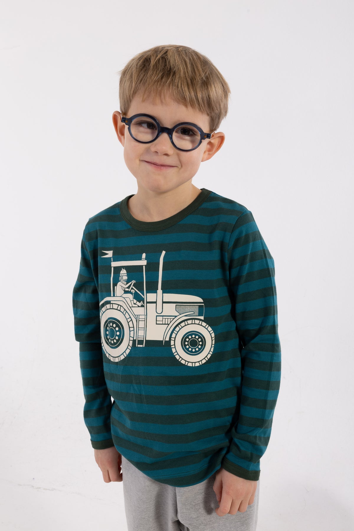 Stribet bluse i bomuld til børn med lange ærmer og print af viking på traktor