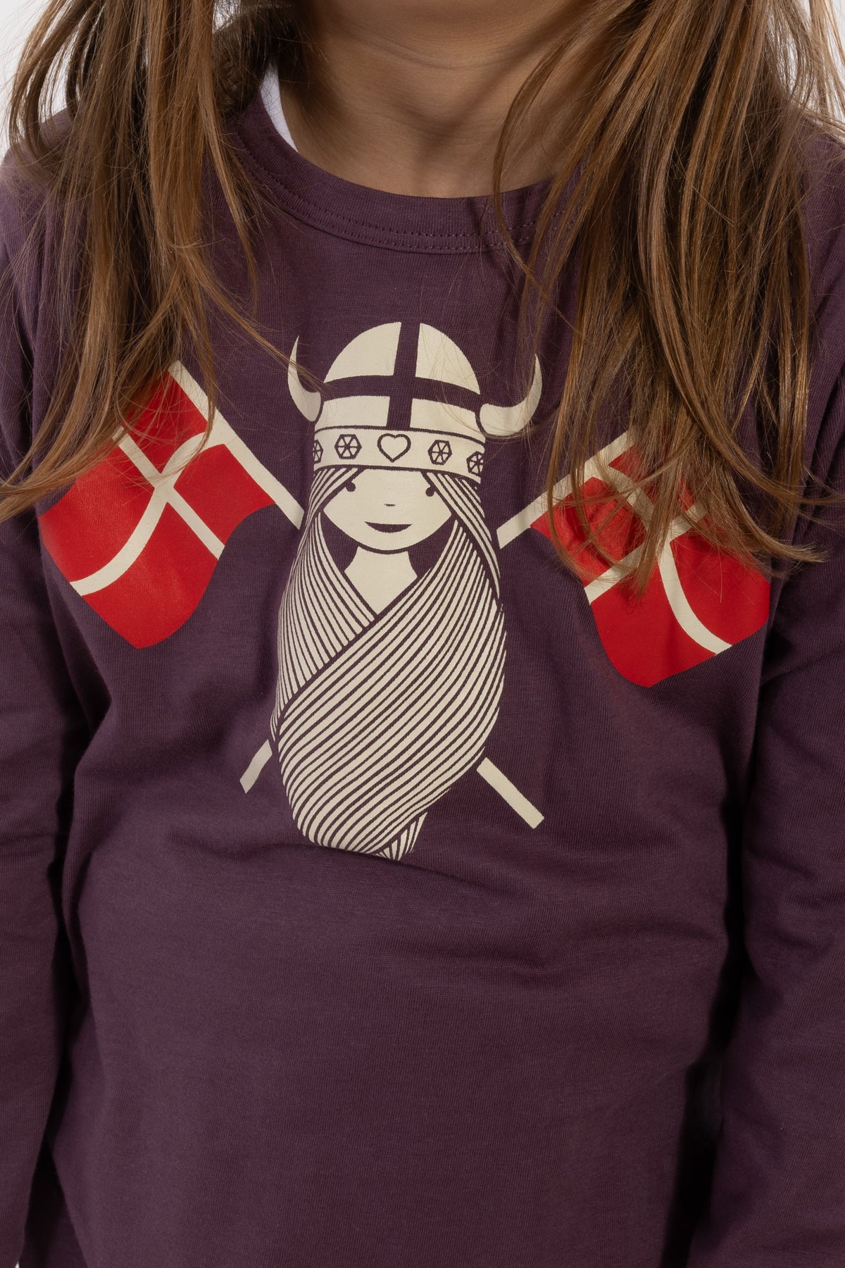 Langærmet bluse i bomuld til børn med print af vikingen Freja med flag