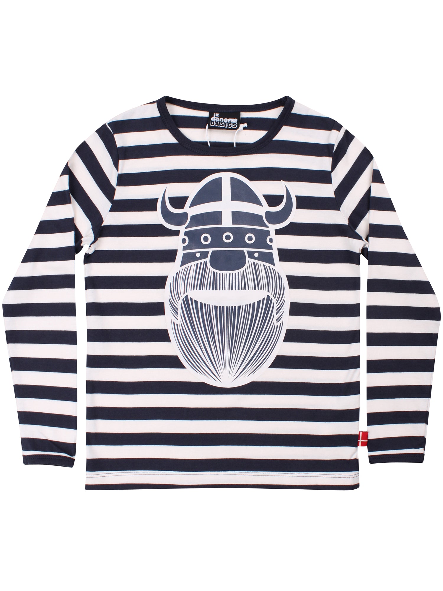 Langærmet bluse med navyblå og råhvide striber og print af vikingen Erik til børn
