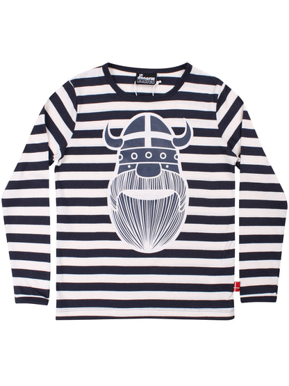 Langærmet bluse med navyblå og råhvide striber og print af vikingen Erik til børn