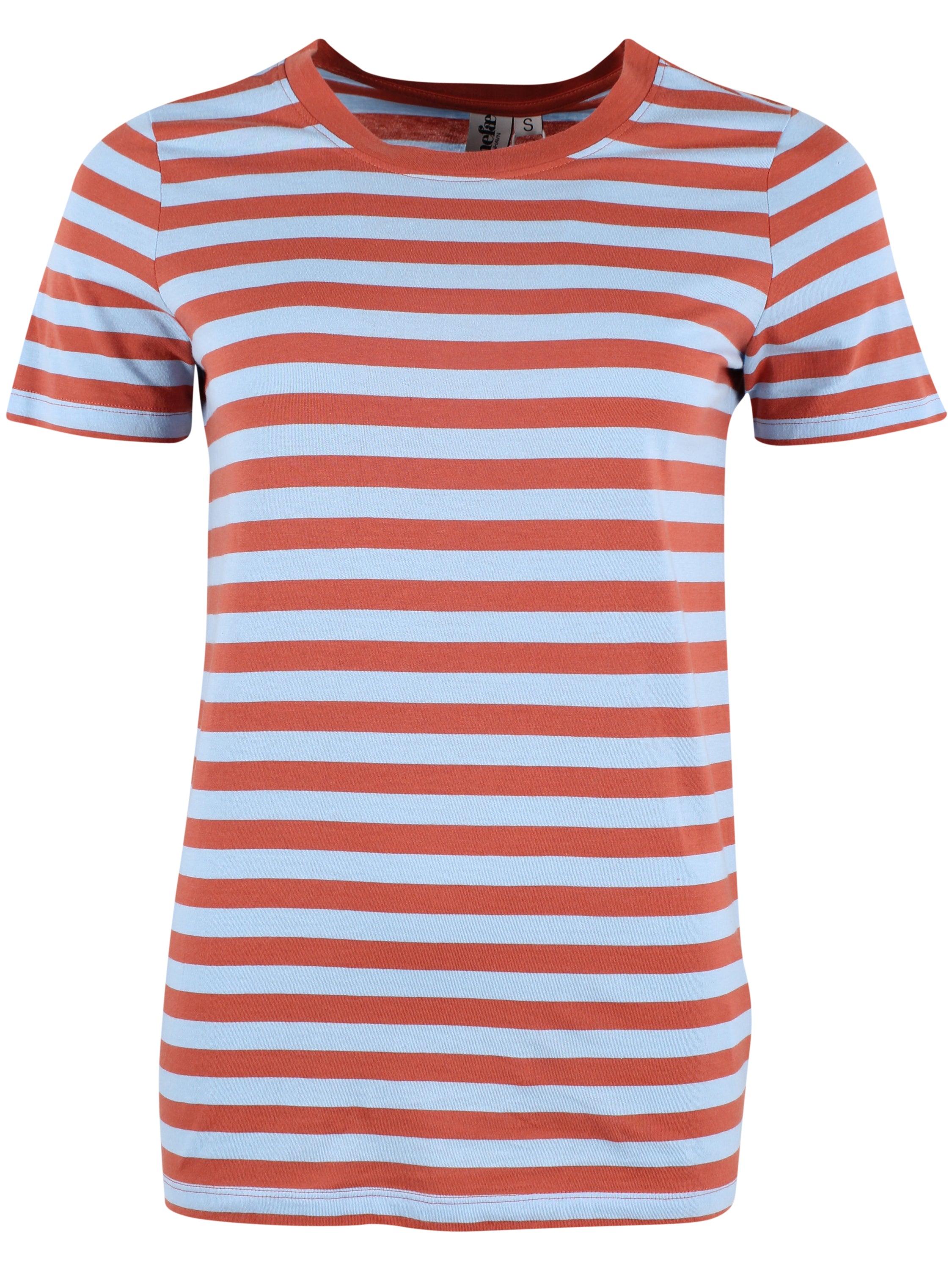 Smart t-shirt med rund hals og striber i lyseblå og orangebrun til kvinder