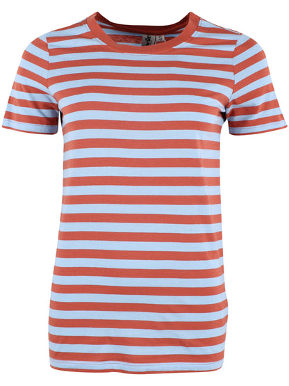 Smart t-shirt med rund hals og striber i lyseblå og orangebrun til kvinder
