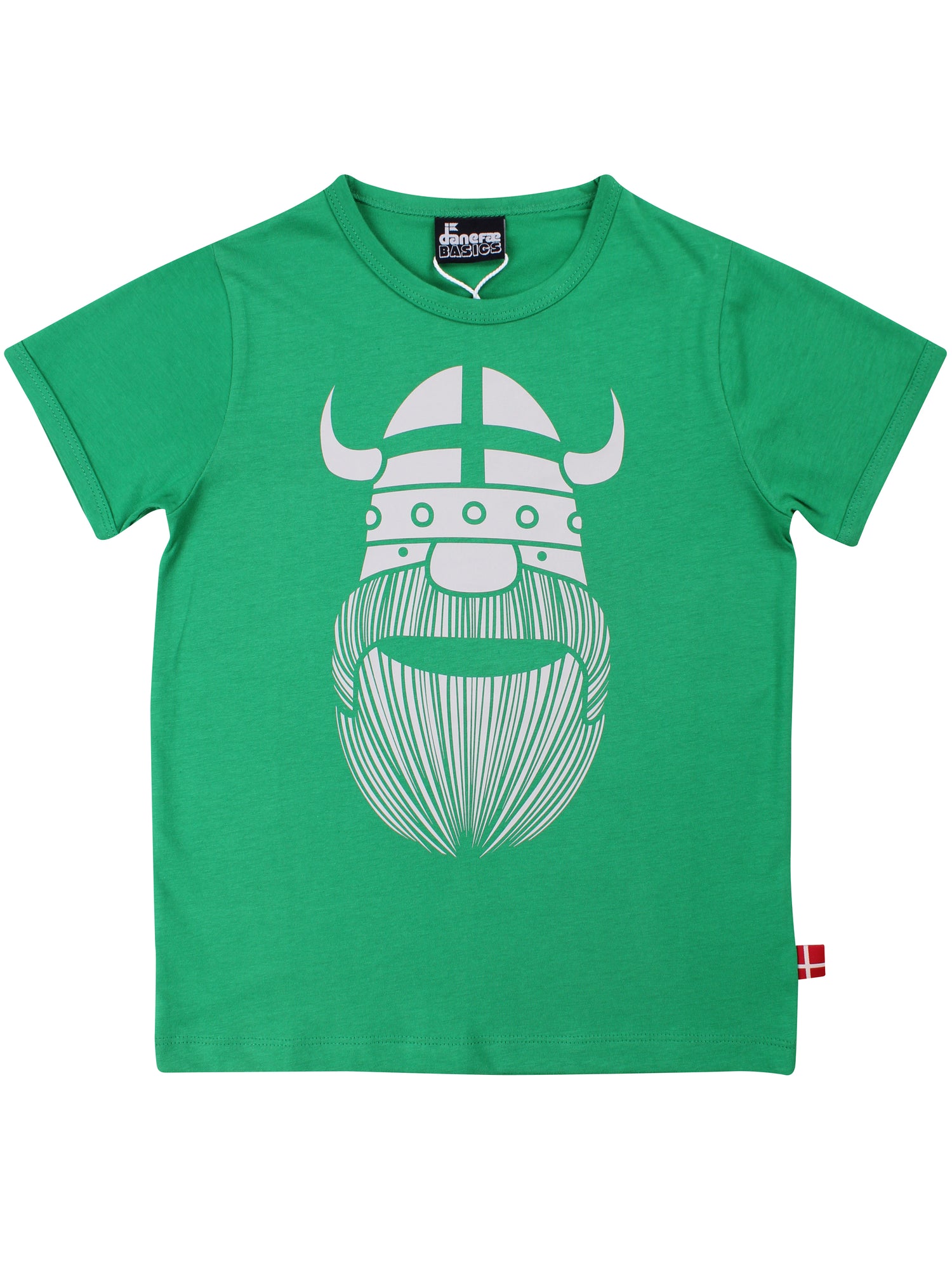 Sød græsgrøn t-shirt i bomuld til børn med print af vikingen Erik