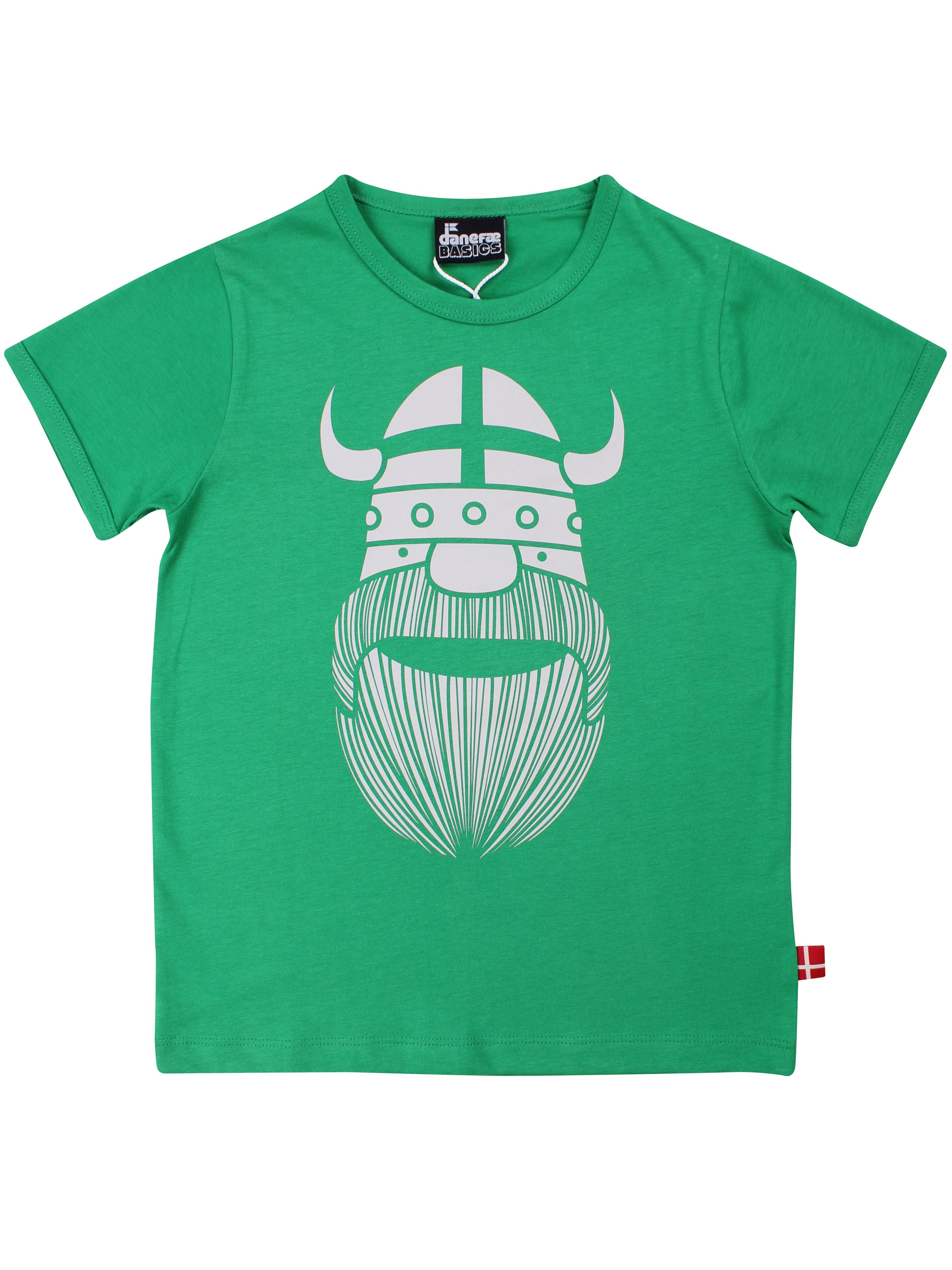 Sød græsgrøn t-shirt i bomuld til børn med print af vikingen Erik