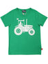 Sød græsgrøn t-shirt i bomuld til børn med print af viking på traktor