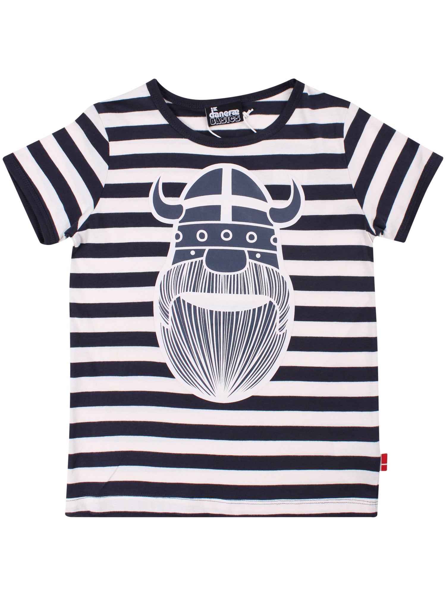 Sød t-shirt i bomuld med navyblå og råhvide striber til børn med print af vikingen Erik