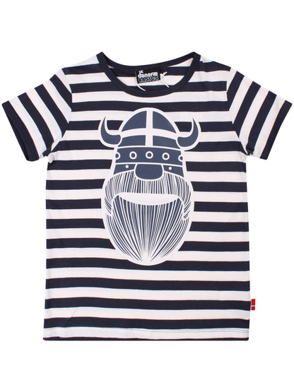 Sød t-shirt i bomuld med navyblå og råhvide striber til børn med print af vikingen Erik