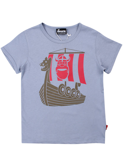 Sød blå t-shirt i bomuld til børn med print af vikingeskib