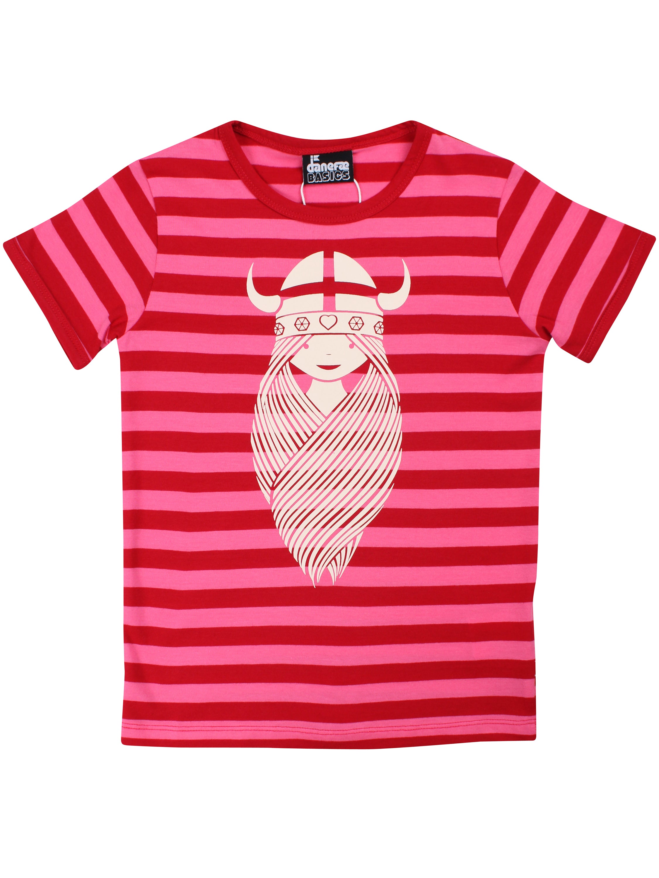 Sød t-shirt i bomuld med pink og mørkerøde striber til børn med print af vikingen Freja