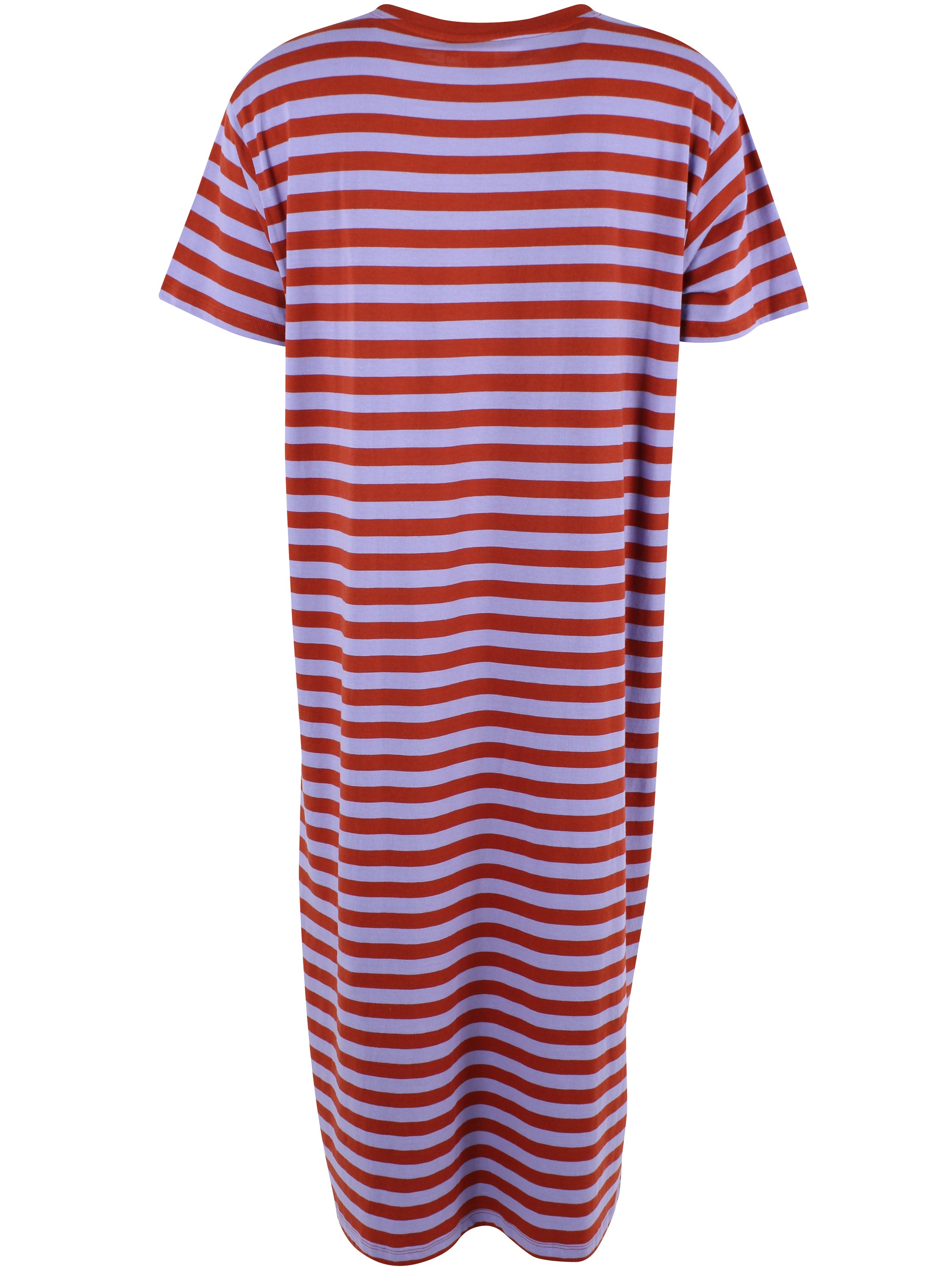 Flot kortærmet bomuldskjole med striber i lyslilla og brændt rød til kvinder