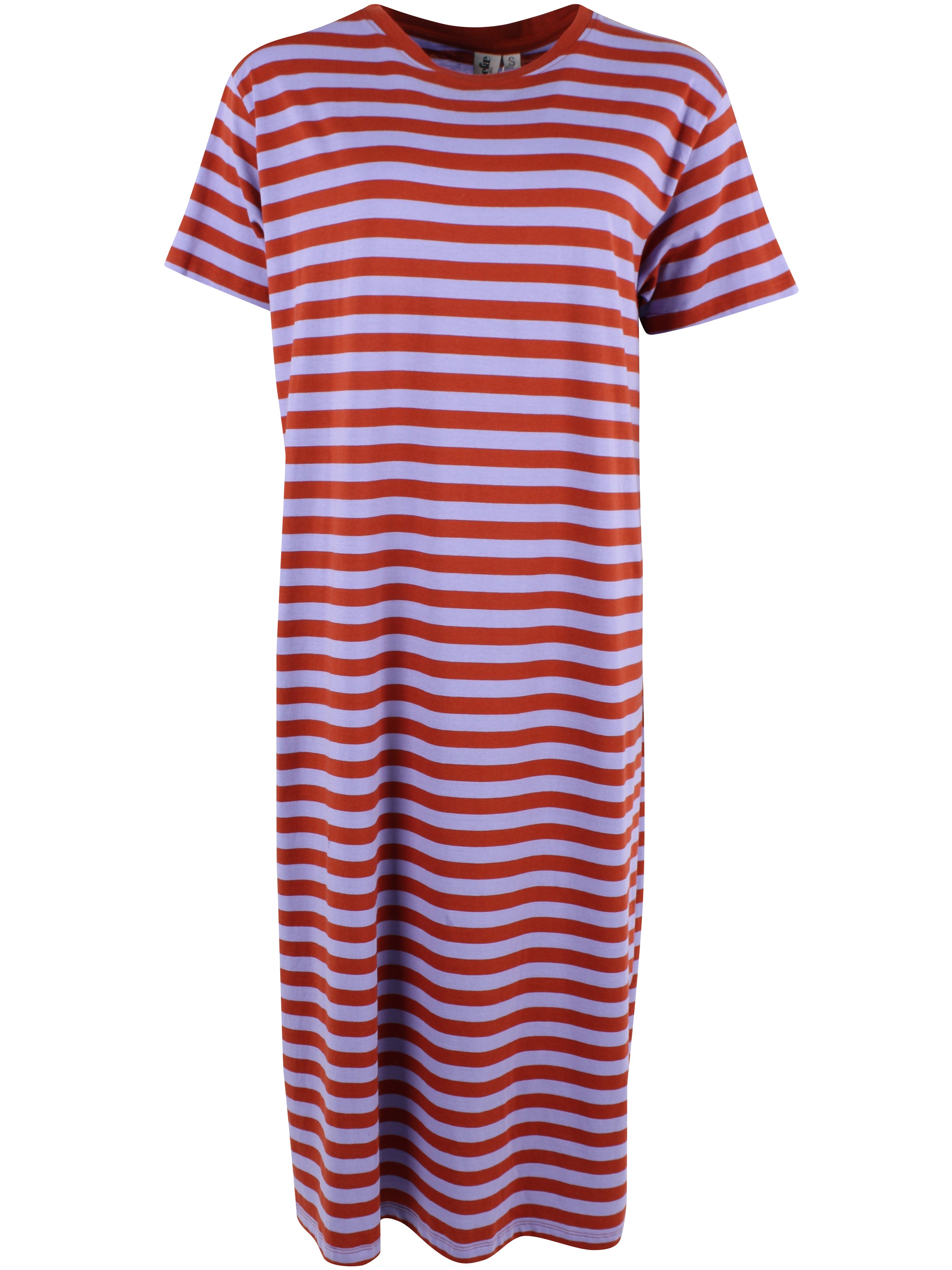 Flot kortærmet bomuldskjole med striber i lyslilla og brændt rød til kvinder