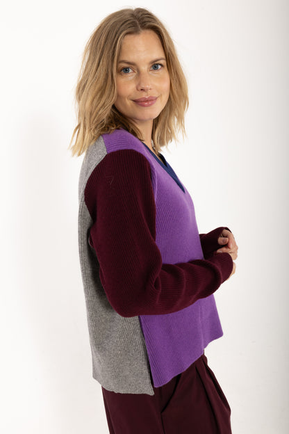 Danebass Merino Wool V-Neck Sweater Purple-Mix