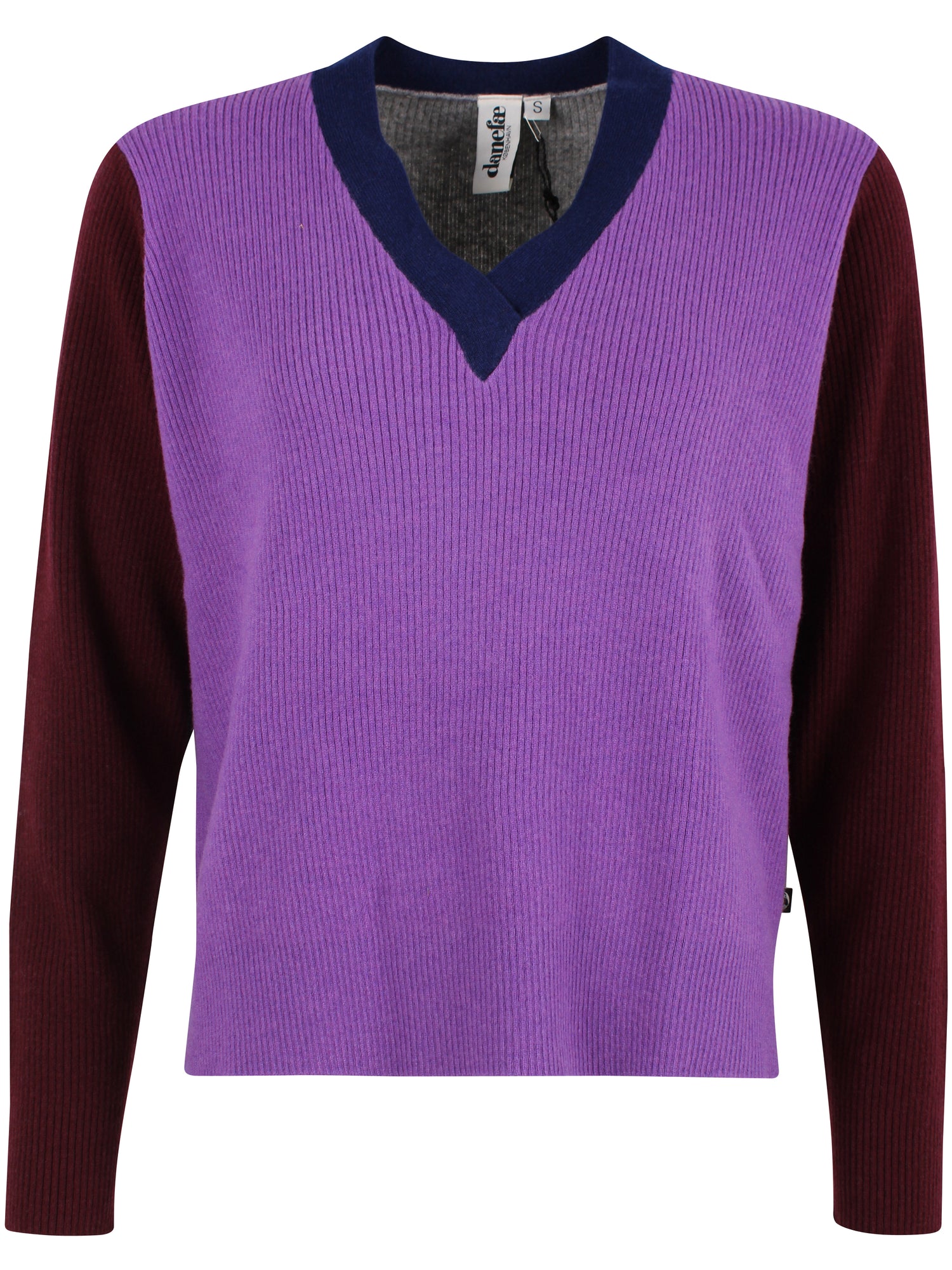 Dejlig sweater med v-hals i 100% merinould og lilla nuancer til kvinder