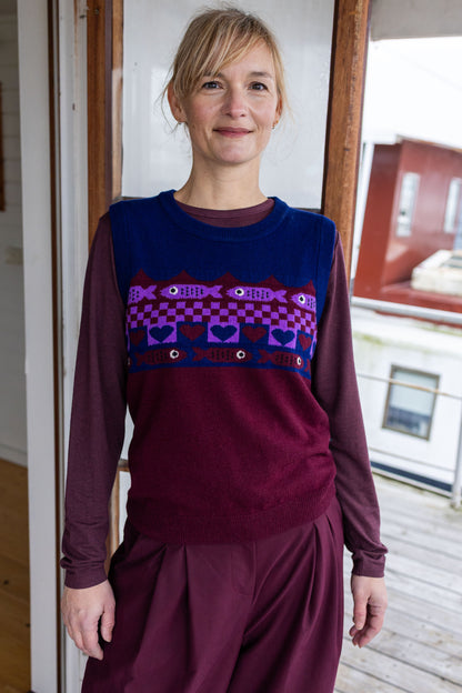 Danebeat Merino Wool Vest Deep Blue/Dark Wine_Fish Jaquard