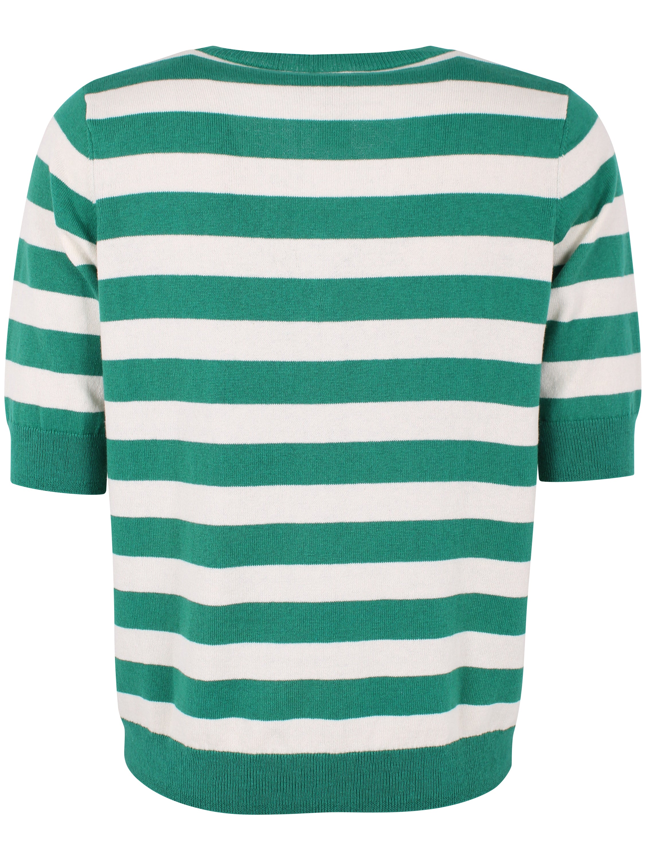 Smart kortærmet sweater med grønne og hvide striber og v-hals til kvinder
