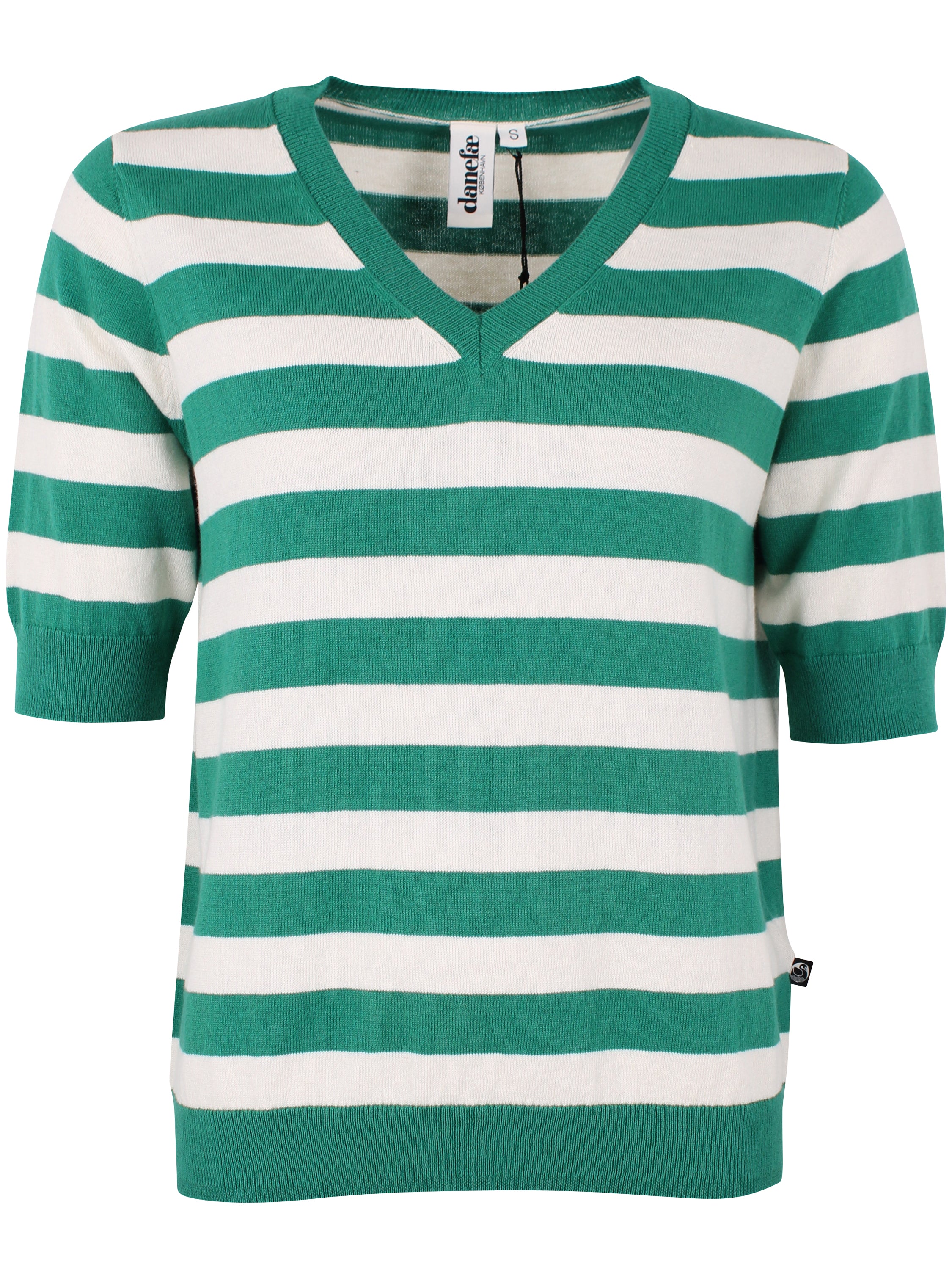 Smart kortærmet sweater med grønne og hvide striber og v-hals til kvinder